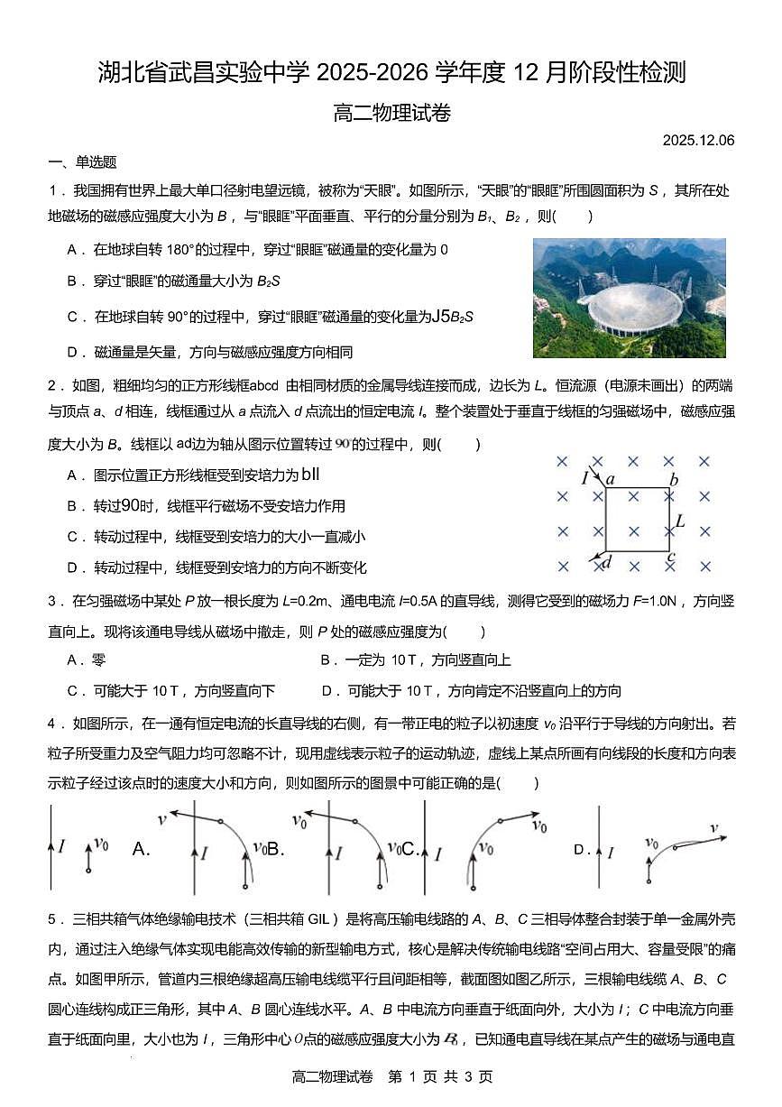 湖北武昌实验中学2025-2026学年12月阶段测高二上学期物理试卷+答案第1页