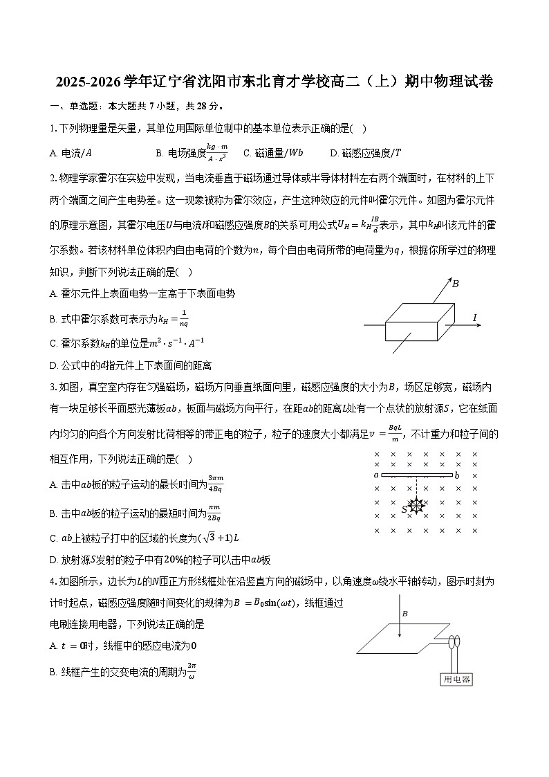 2025-2026学年辽宁省沈阳市东北育才学校高二（上）期中物理试卷（含答案）第1页