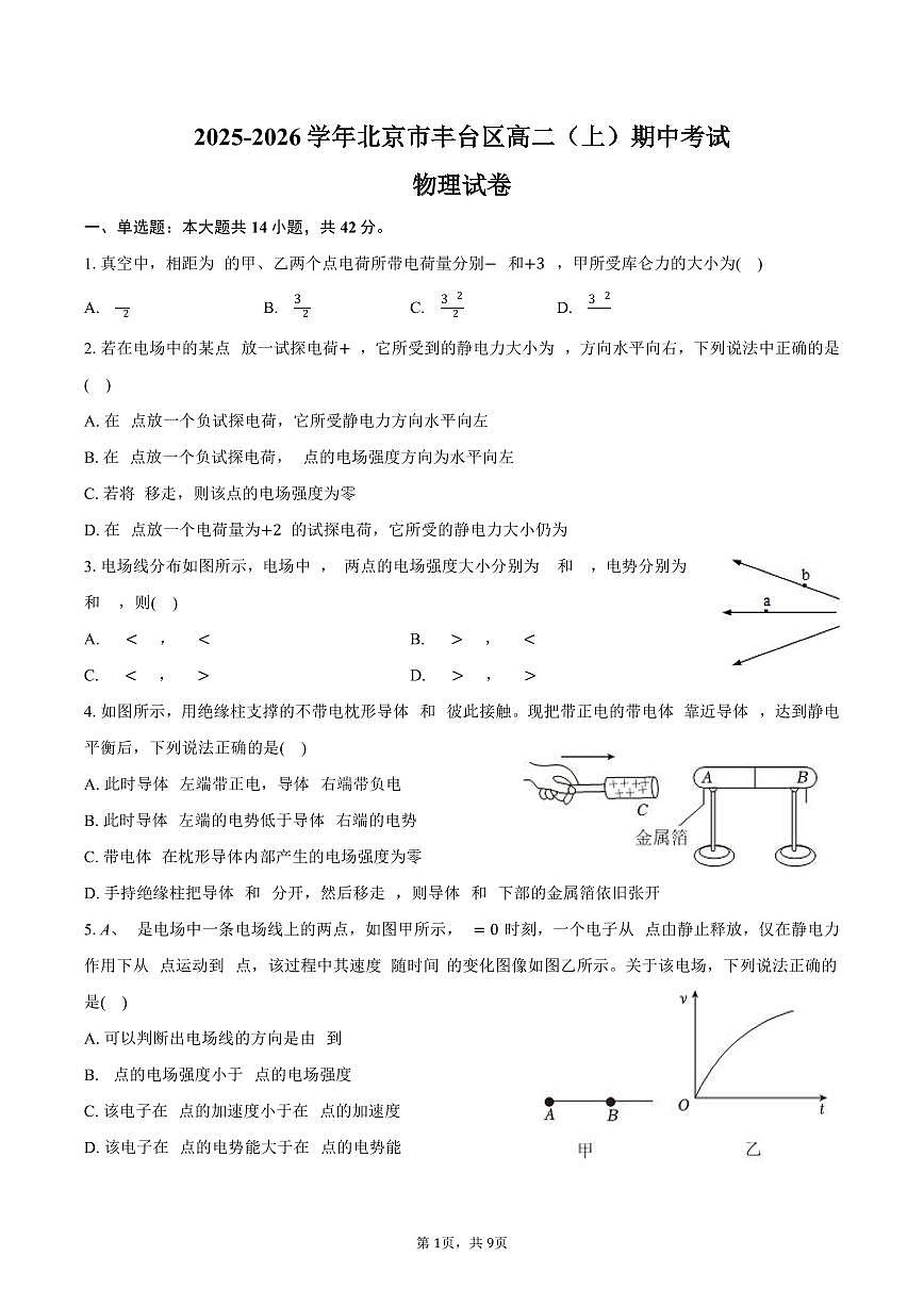 2025-2026学年北京市丰台区高二（上）期中物理试卷（含答案）第1页