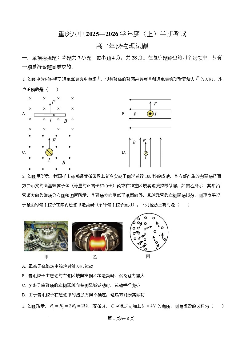 重庆市第八中学2025-2026学年高二上学期期中物理试题（原卷版）第1页