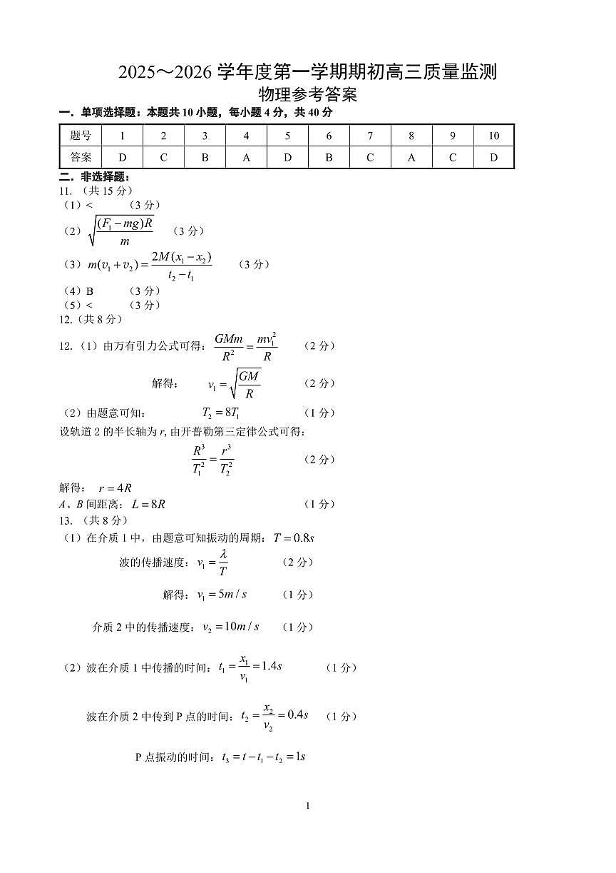 高三物理期中考试202512参考答案第1页
