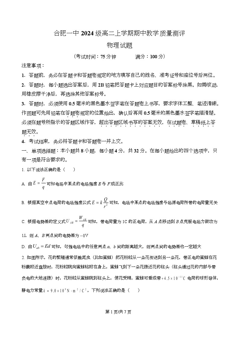 安徽省合肥市第一中学2025-2026学年高二上学期11月期中物理试题  Word版无答案第1页