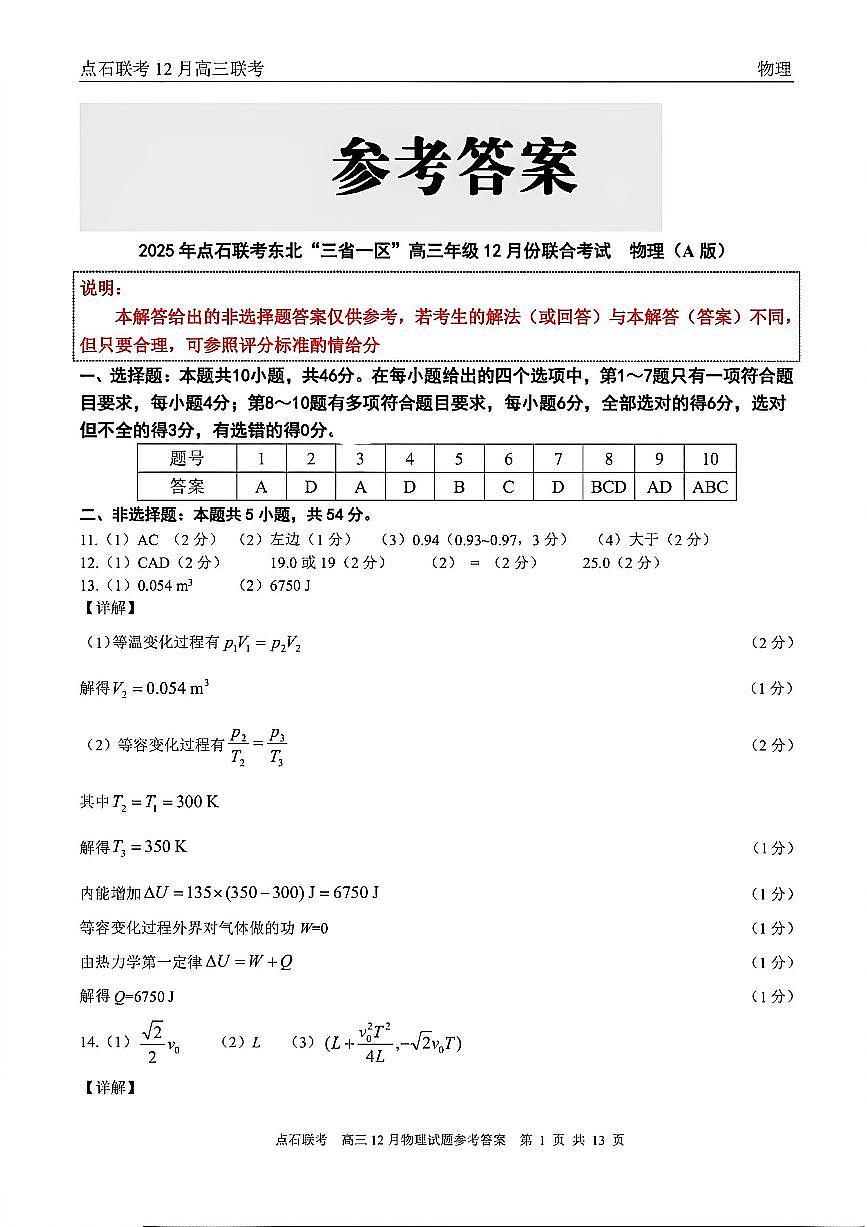 【点石联考】高三12月物理试题参考答案第1页