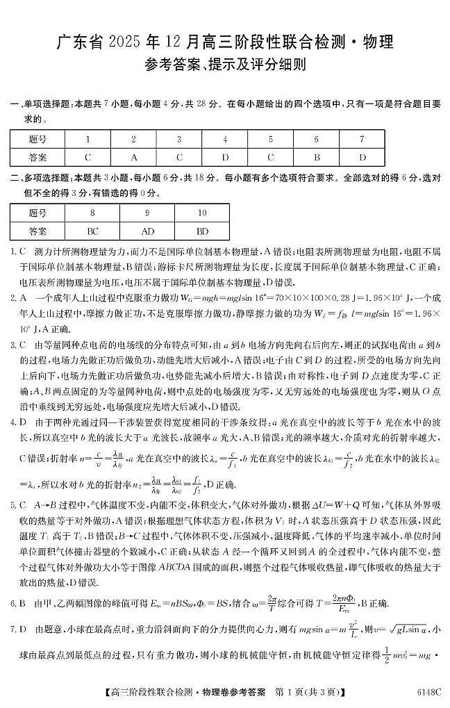 广东纵千文化联盟2026届高三上学期12月联考物理答案第1页