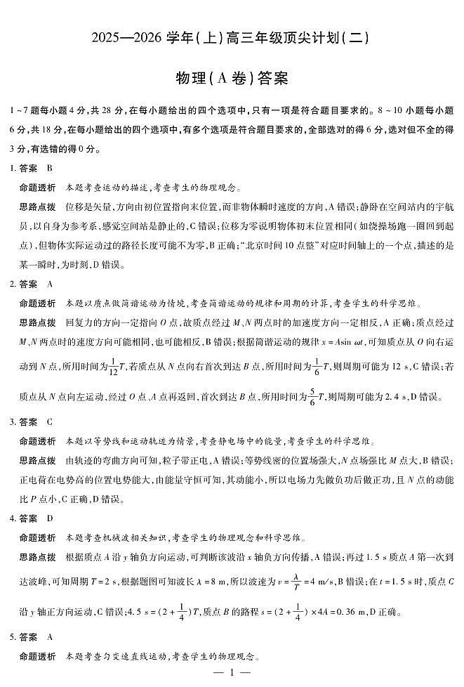 物理A卷-高三顶尖计划(二)详细答案第1页