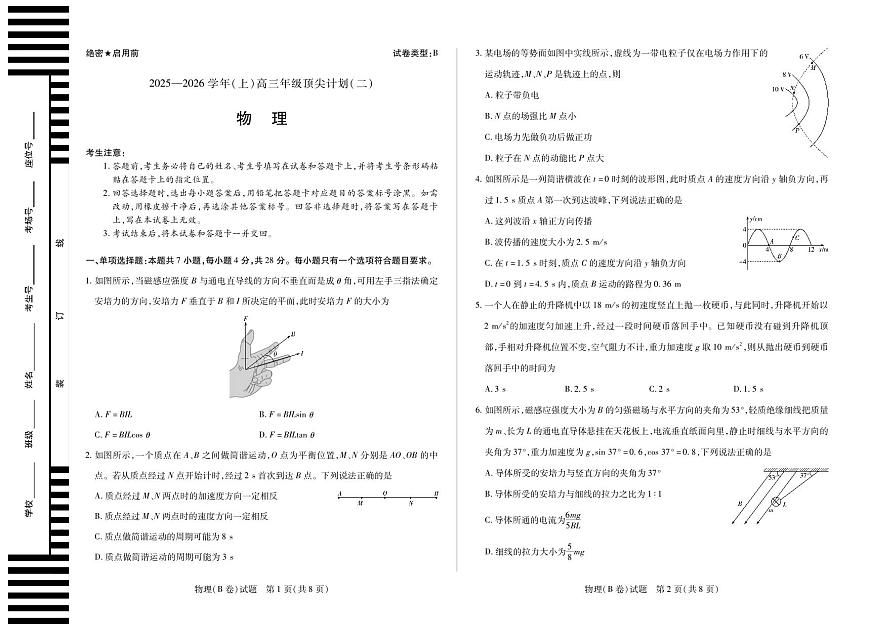 物理B卷  大联考·河南省、陕西甘肃省2025-2026学年（上）高三年级顶尖计划（二）第1页