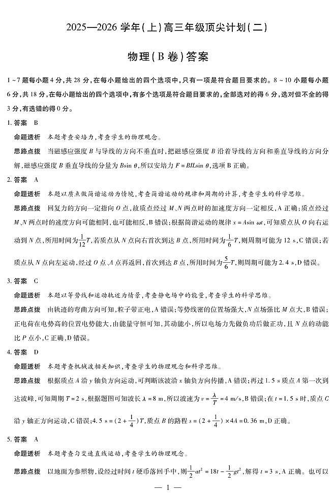 物理B卷-高三顶尖计划(二)详细答案第1页