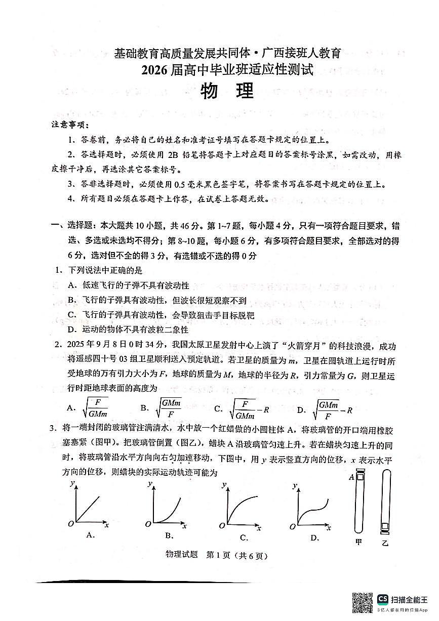 基础教育高质量发展共同体广西接班人教育2026届高三年级上学期适应性测试物理试卷（含答案）第1页