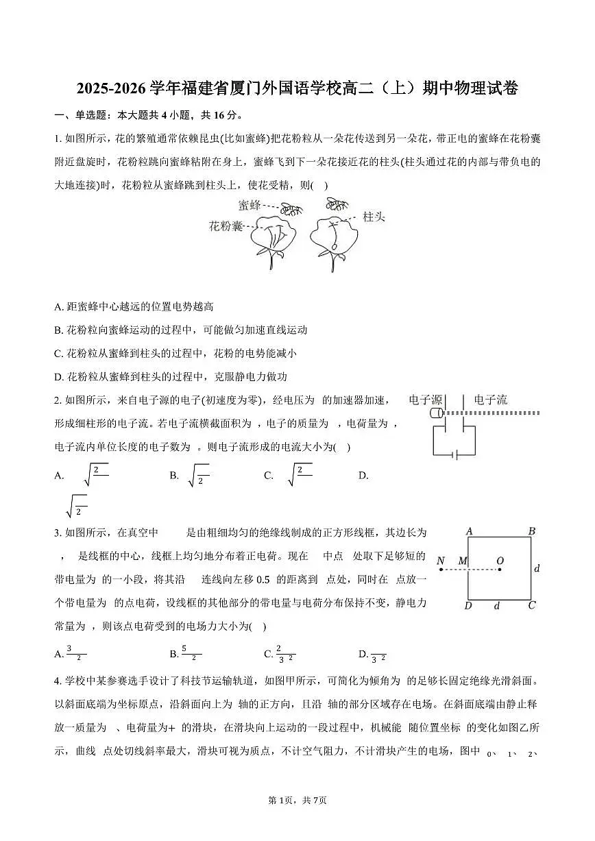 2025-2026学年福建省厦门外国语学校高二（上）期中物理试卷（含答案）第1页