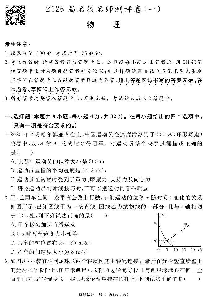 物理试题 安徽省耀正文化2026届名校名师测评卷（一）第1页