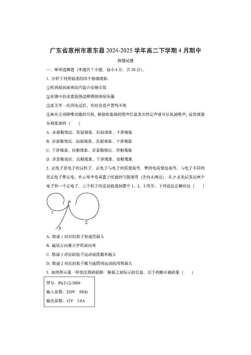 广东省惠州市惠东县2024-2025学年高二下学期4月期中物理试卷（学生版）第1页