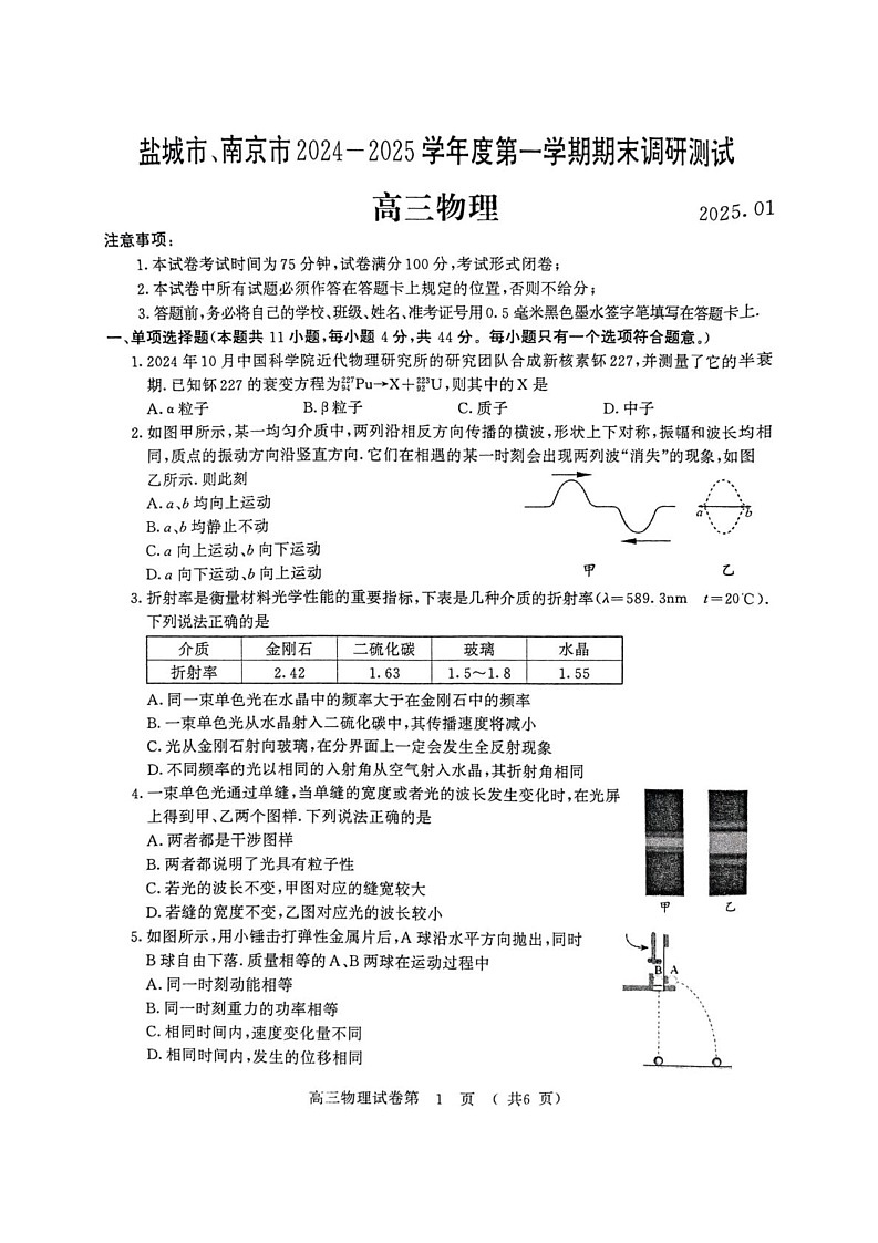 江苏省盐城市、南京市2024-2025学年高三上学期期末调研测试物理试卷第1页