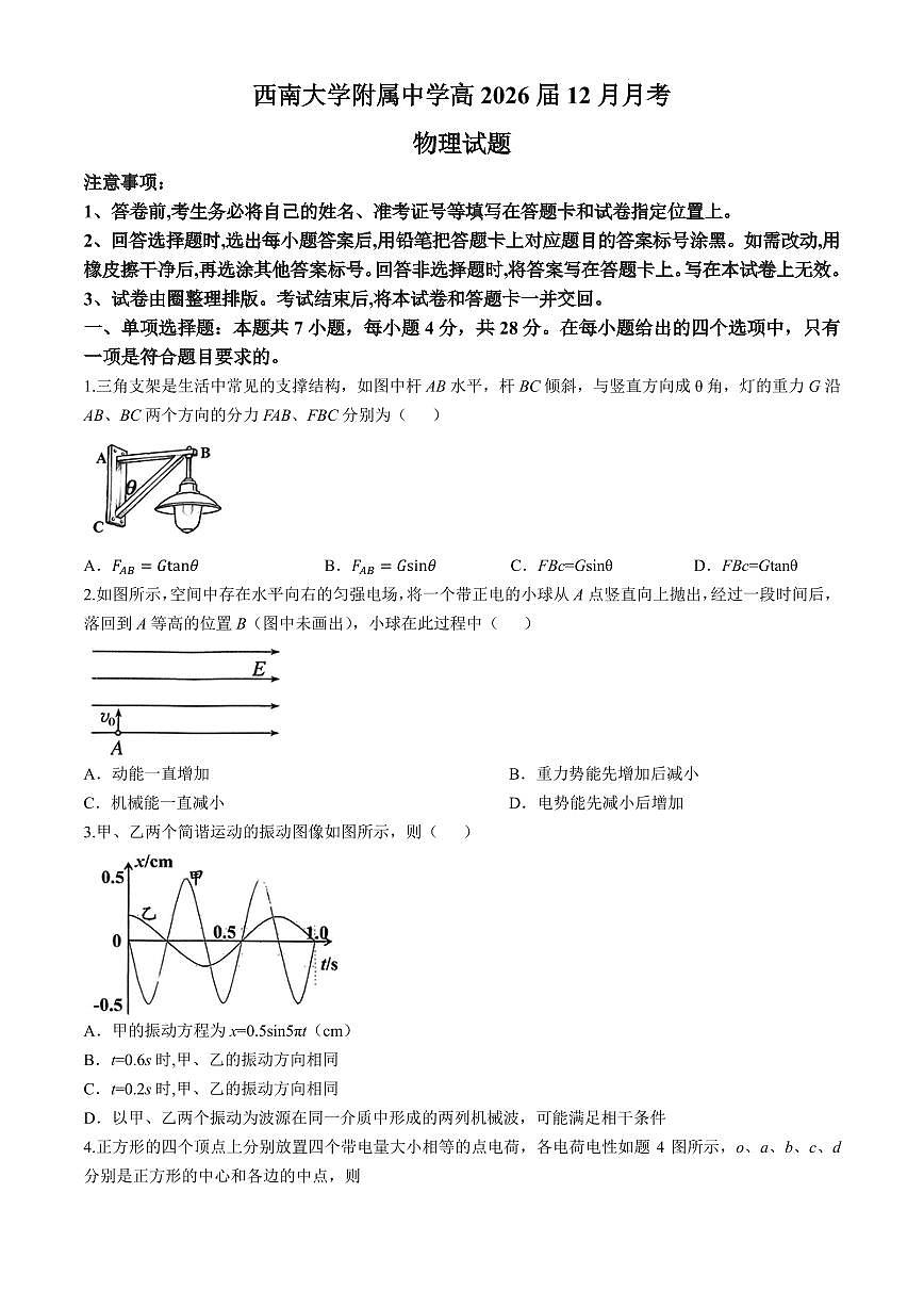 重庆西南大学附属中学校2026届高三上学期12月月考物理试题第1页