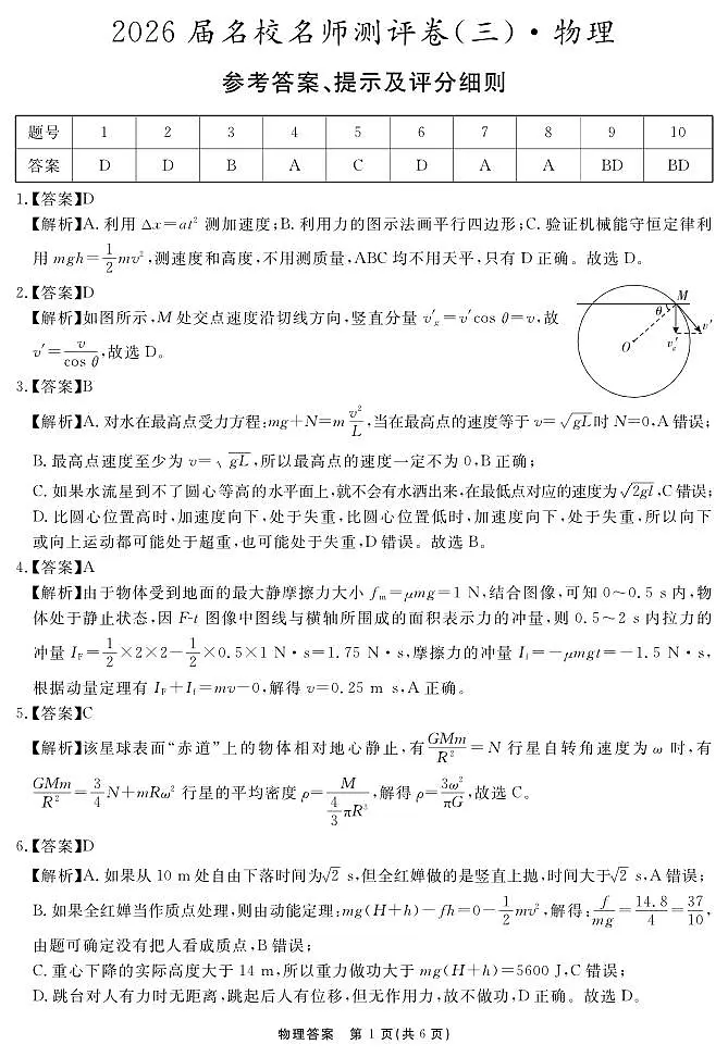 2026届名校名师测评卷（三）物理答案第1页