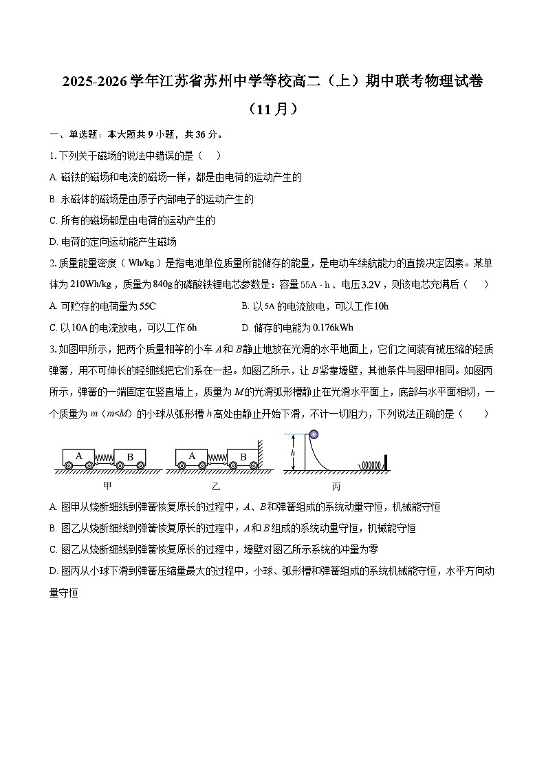 2025-2026学年江苏省苏州中学等校高二（上）期中联考物理试卷（11月）-自定义类型第1页