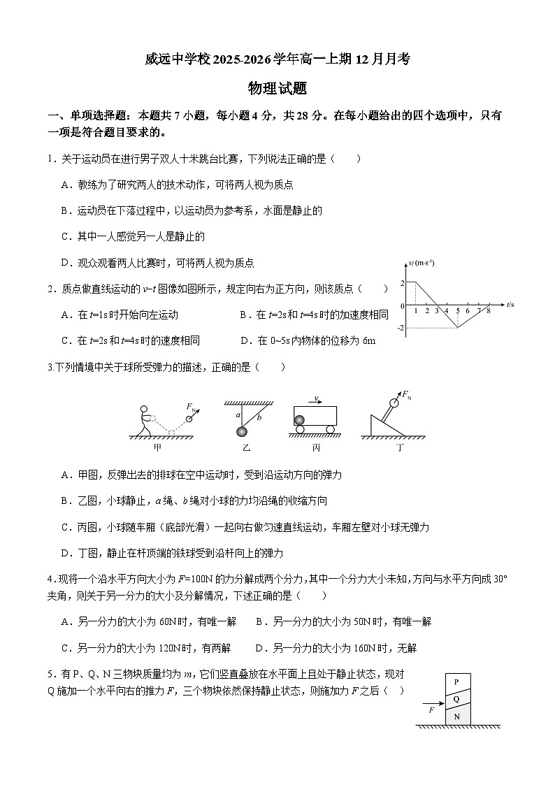 四川省内江市威远中学校2025-2026学年高一上学期12月月考物理试题（含解析）第1页