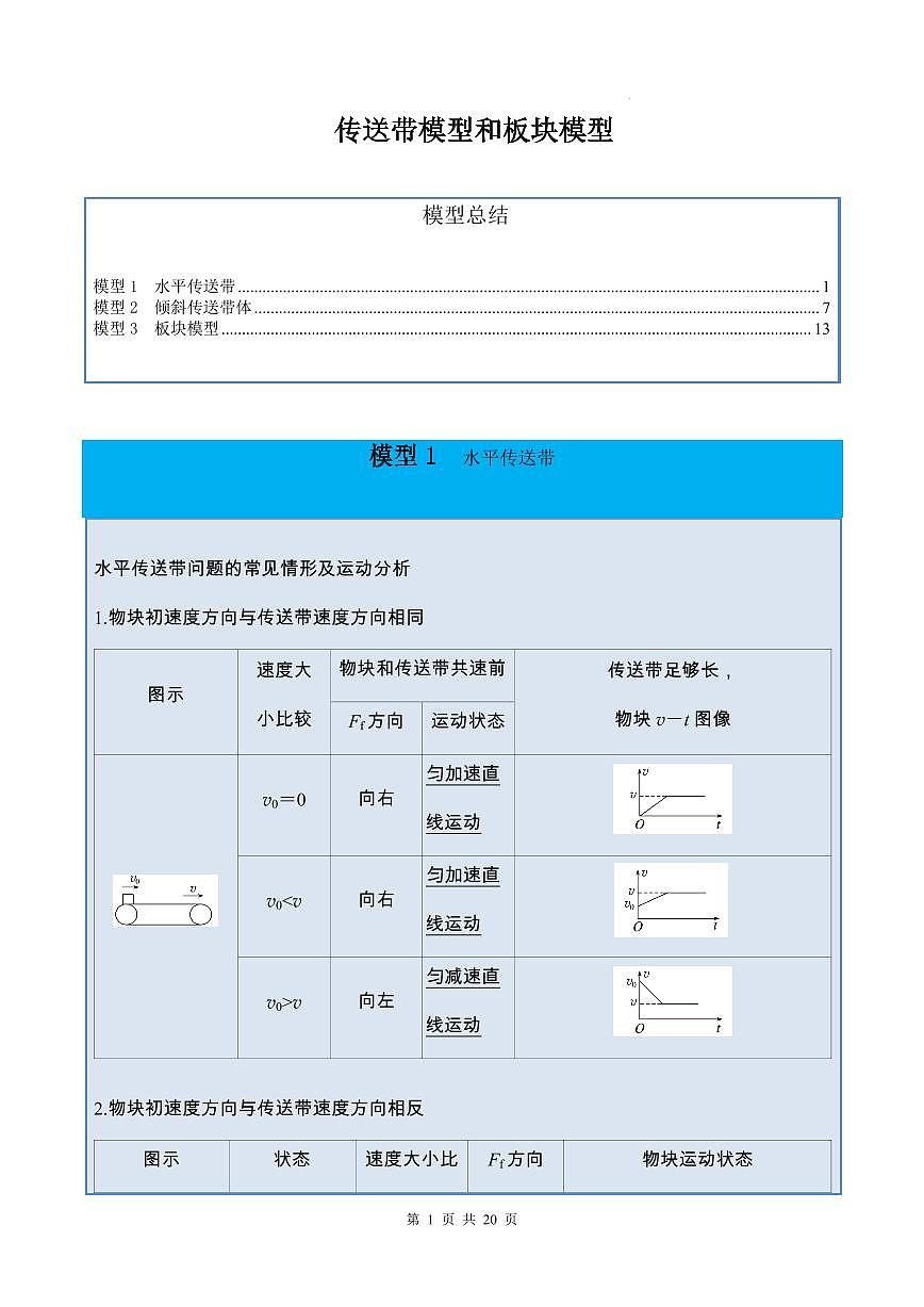 2026届高考物理一轮复习训练 传送带模型和板块模型（原卷版+解析版）第1页