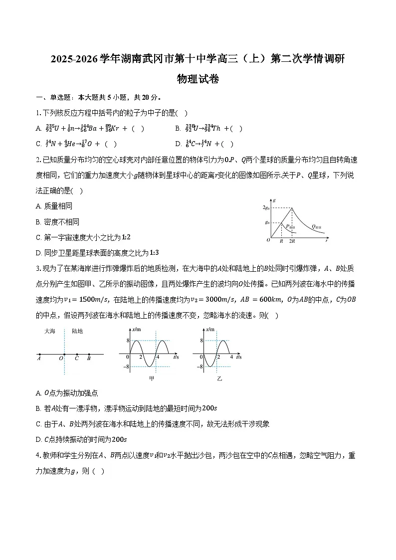2025-2026学年湖南武冈市第十中学高三（上）第二次学情调研物理试卷（含答案）第1页