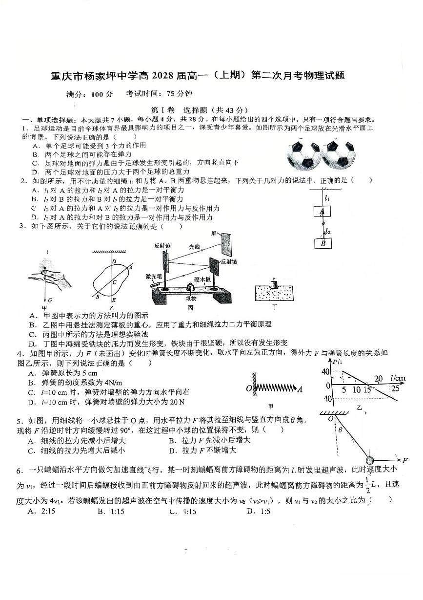 重庆市杨家坪中学2025-2026学年高一上学期第二次月考物理试题第1页