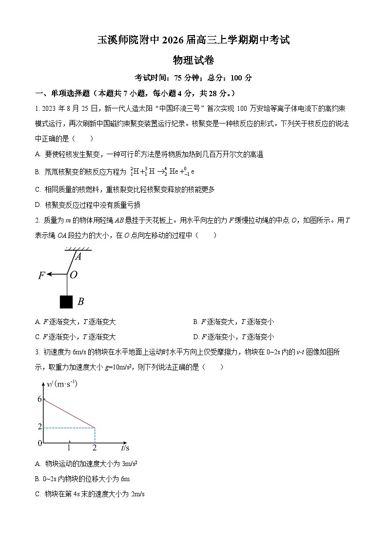 云南省玉溪师范学院附属中学2025-2026学年高三上学期11月期中物理试题第1页
