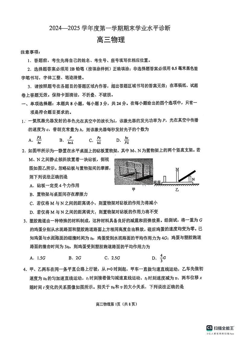 山东省烟台市2024-2025学年高三上学期1月期末物理试题第1页