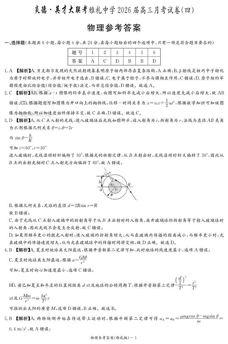 湖南英才大联考雅礼中学2026届高三月考试卷（四）物理答案第1页