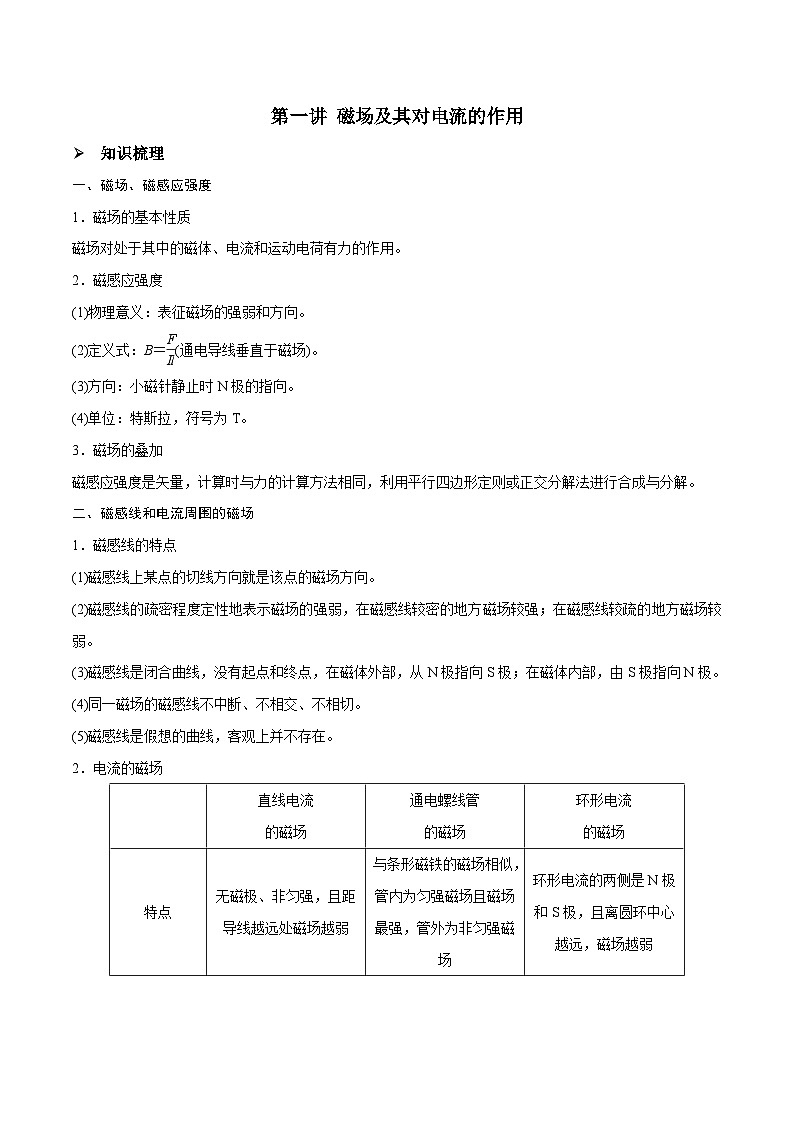 高三物理一轮复习精讲精练 第一讲 磁场及其对电流的作用（原卷版）第1页