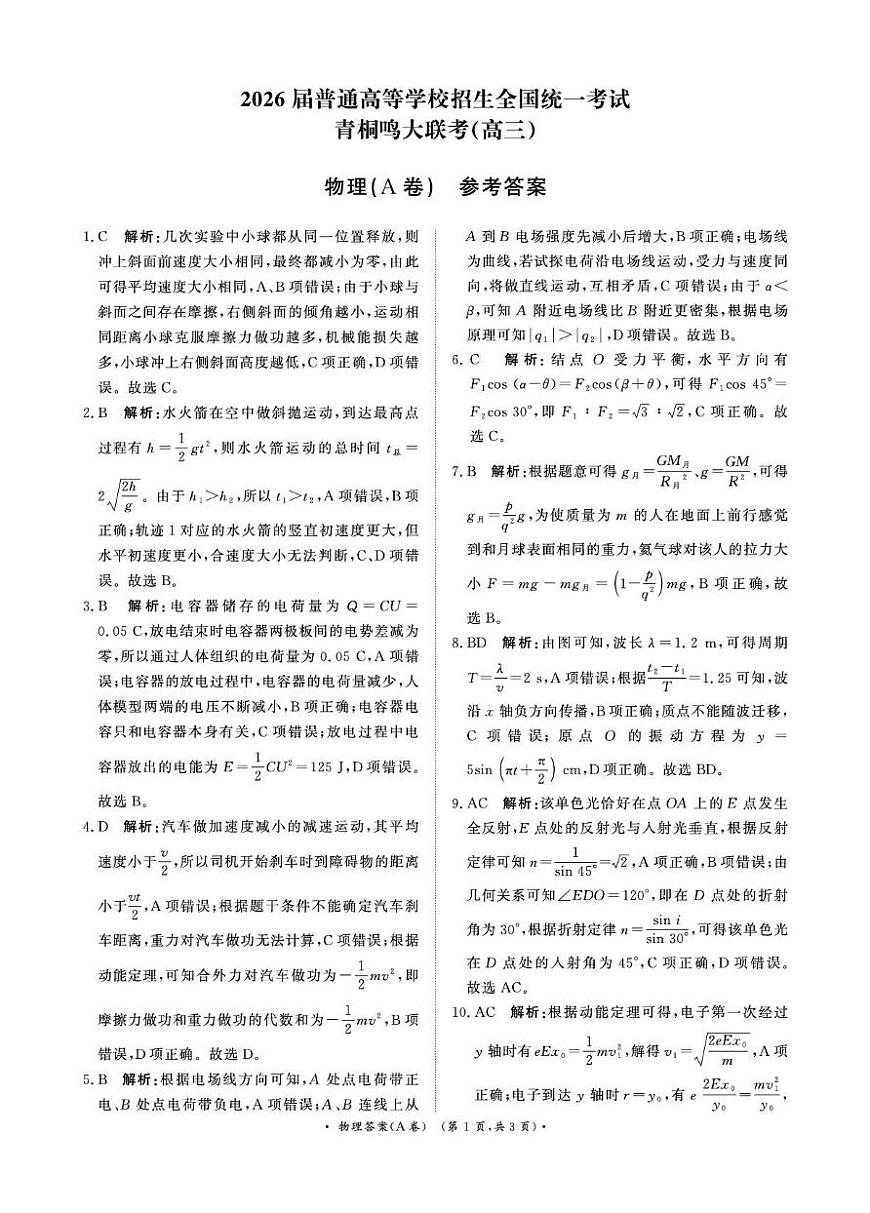 河南青桐鸣2026届高三上学期12月联考物理答案第1页