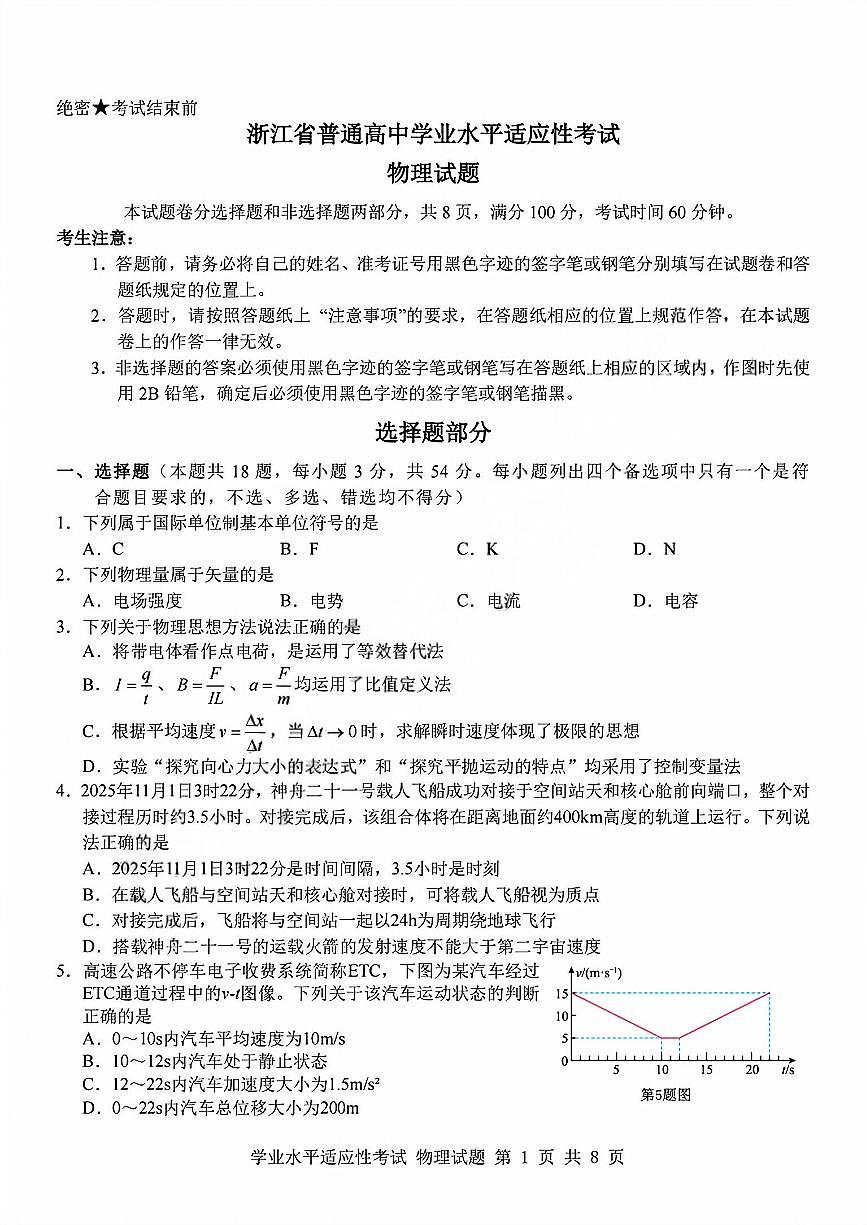 2025-2026学年第一学期12月浙江省普通高中学业水平适应性考试物理试卷（含答案）第1页