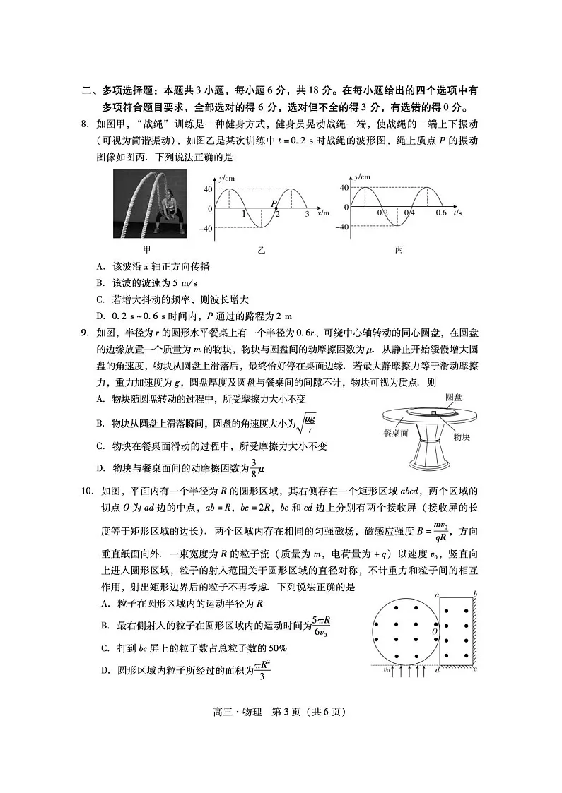 广东汕尾2025-2026学年高三上学期高考一模物理试卷第3页