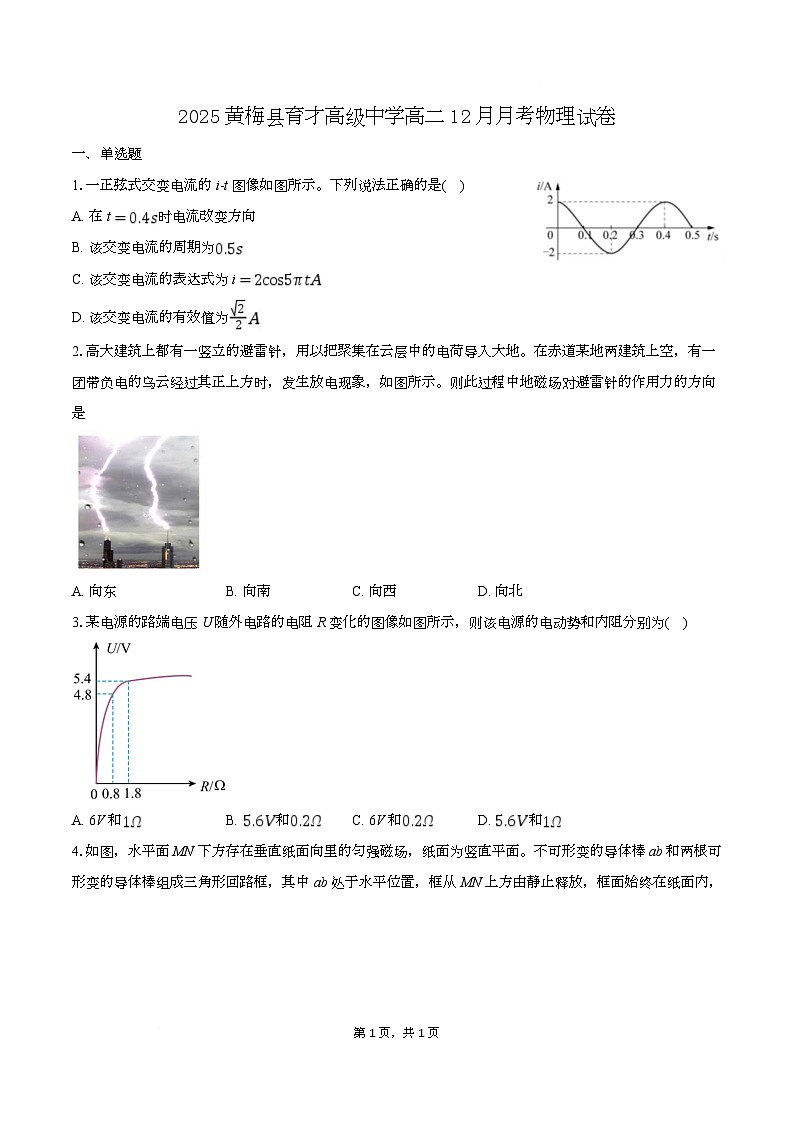 湖北省黄冈市黄梅县育才高级中学2025-2026学年高二上学期12月月考物理试卷（Word版附答案）第1页