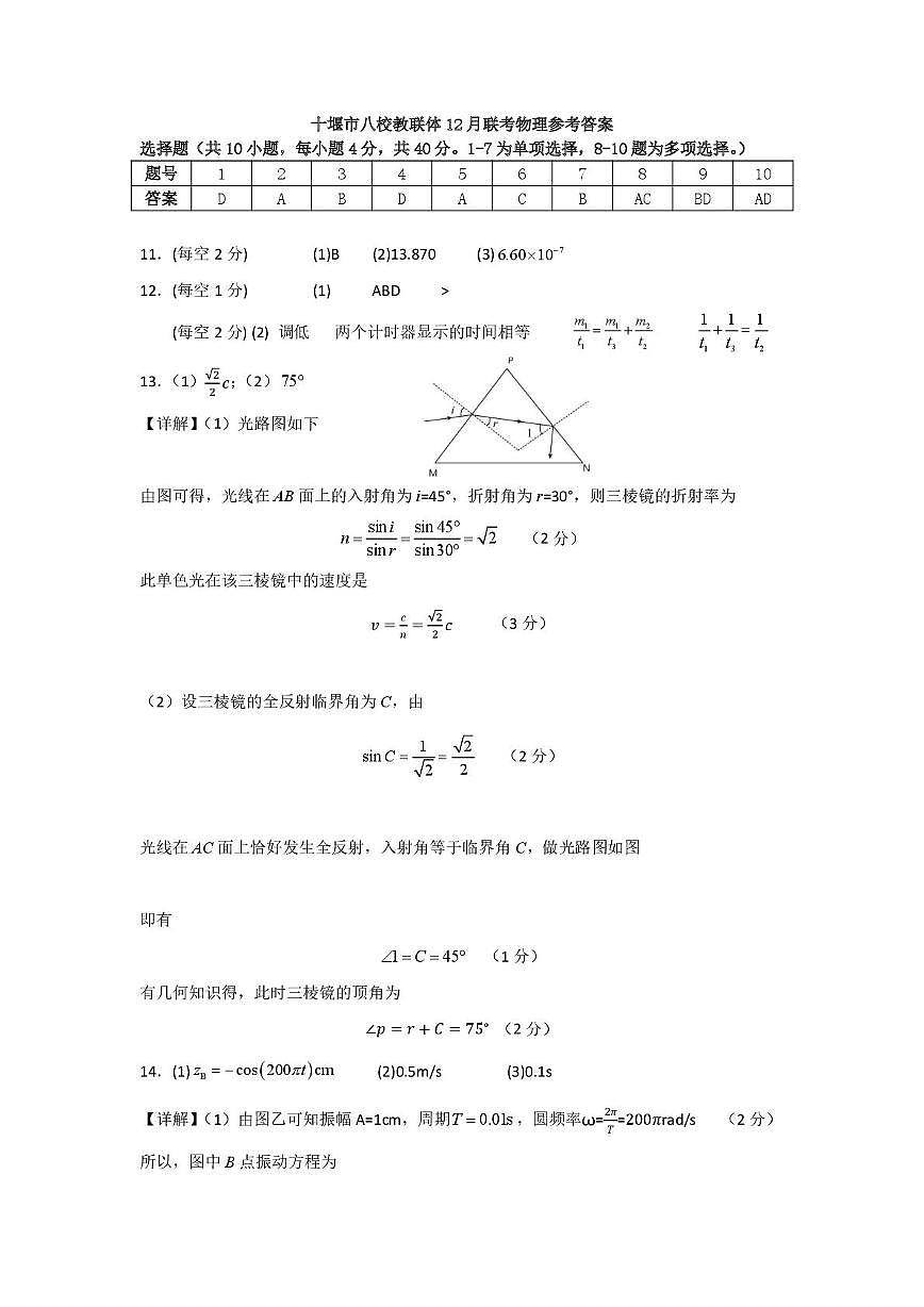 十堰市八校教联体12月联考物理参考答案(1)第1页