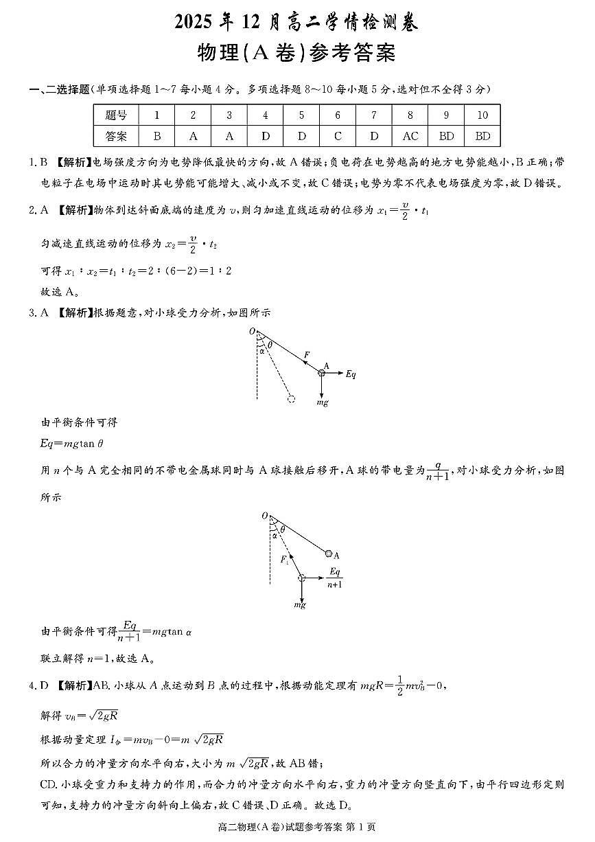 2025年12月高二学情检测卷物理答案第1页