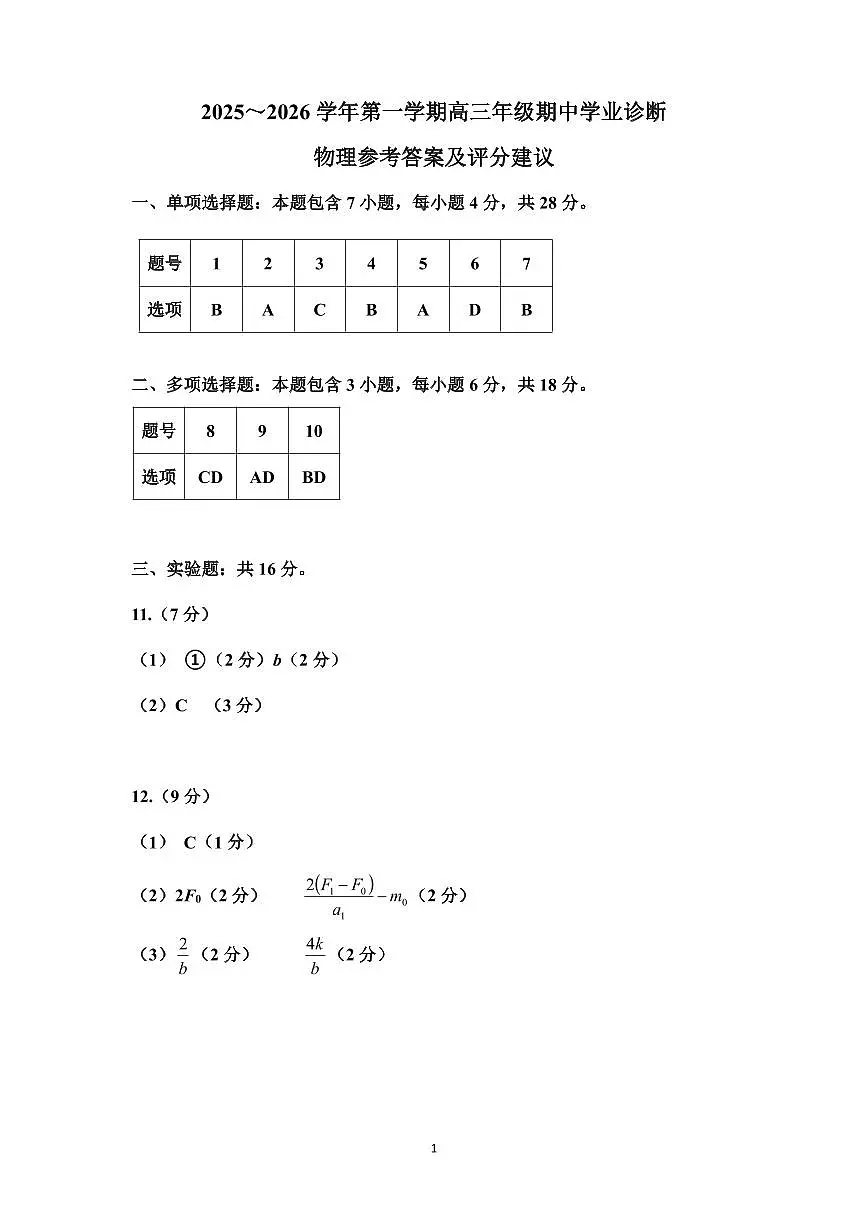 物理答案-山西太原2025-2026学年第一学期高三年级期中学业诊断第1页