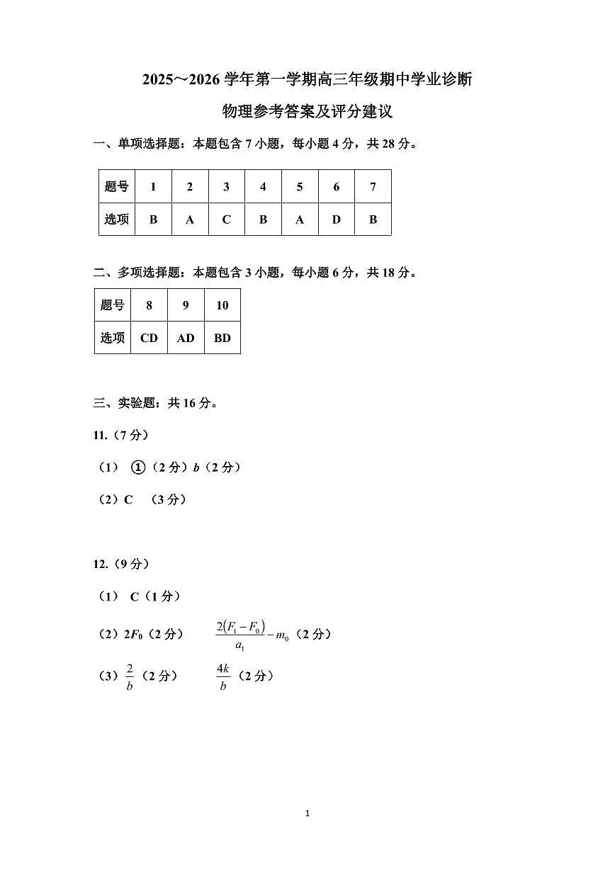 物理答案-山西太原2025-2026学年第一学期高三年级期中学业诊断第1页