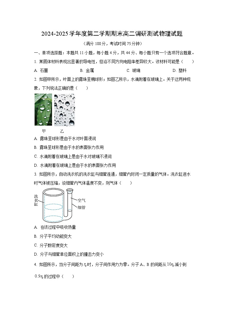 江苏省淮安市2024-2025学年高二下学期期末调研测试物理试卷（学生版）第1页
