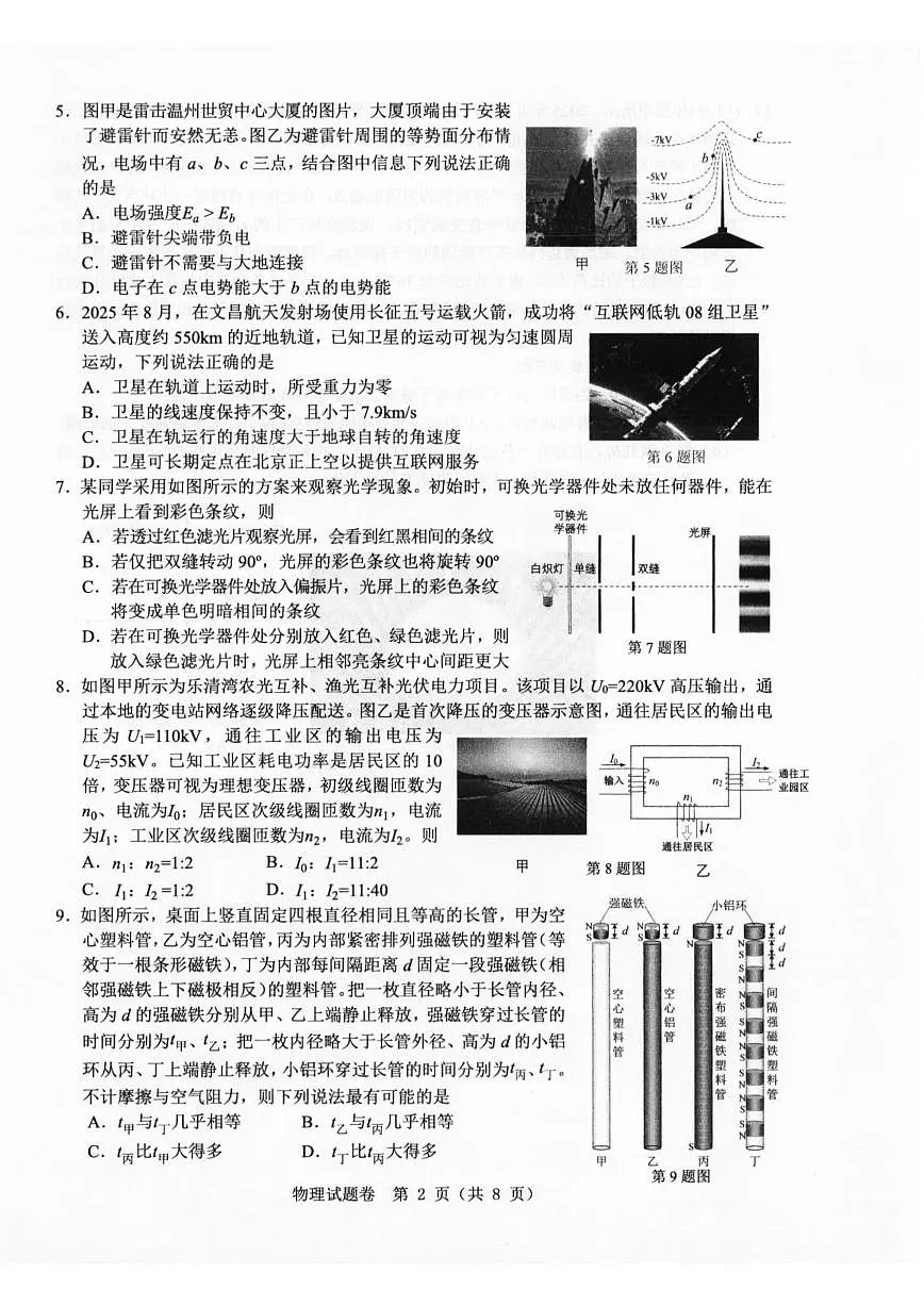 温州市普通高中2026届高三第一次适应性考试物理第2页