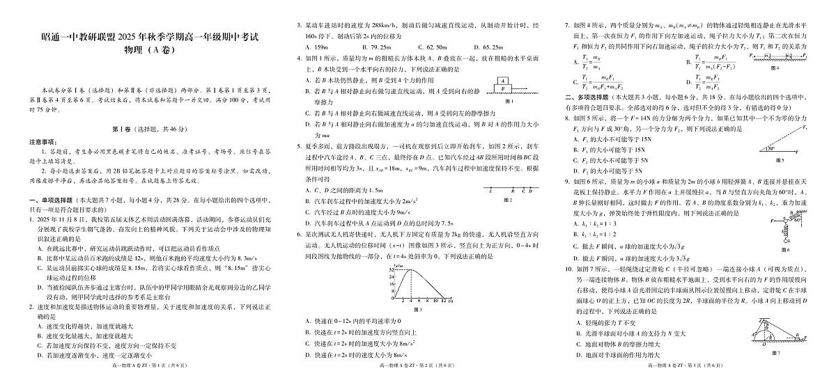 云南省昭通一中教研联盟2025-2026学年高一上学期期中考试物理（A）试卷（PDF版）第1页