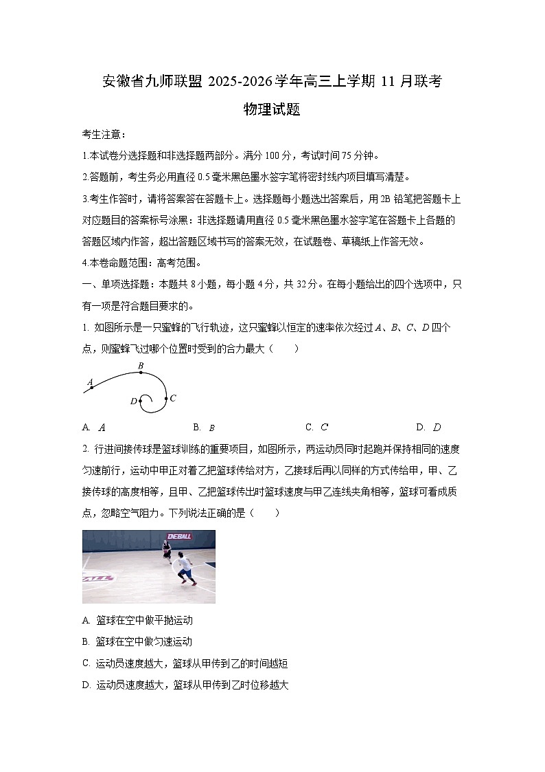 安徽省九师联盟2025-2026学年高三上学期11月联考物理试卷（学生版）第1页