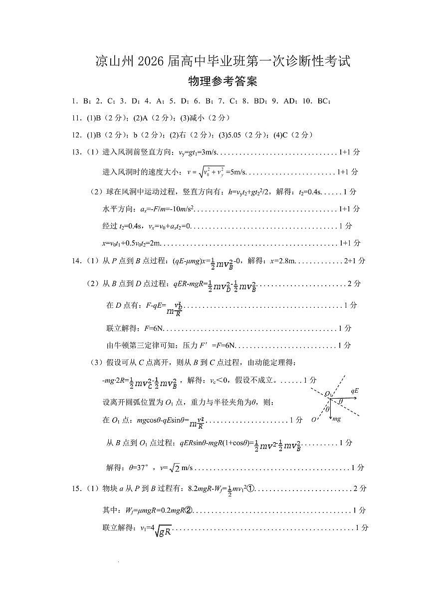 四川省凉山州2026届高中毕业班第一次诊断性考试物理答案第1页