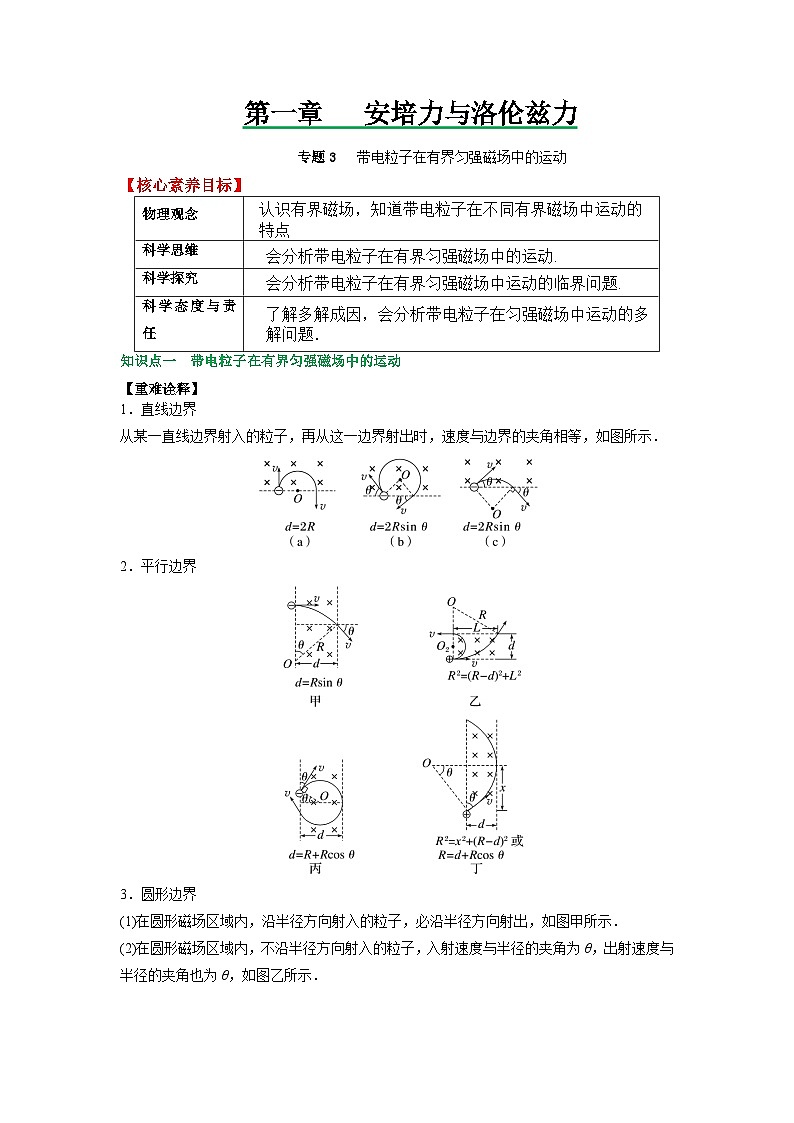 （人教版）选择性必修二高二物理上册期末复习训练专题3带电粒子在有界匀强磁场中的运动（原卷版）第1页
