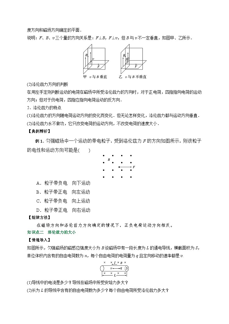 （人教版）选择性必修第二册高二物理同步讲义1.2磁场对运动电荷的作用力（原卷版）第2页