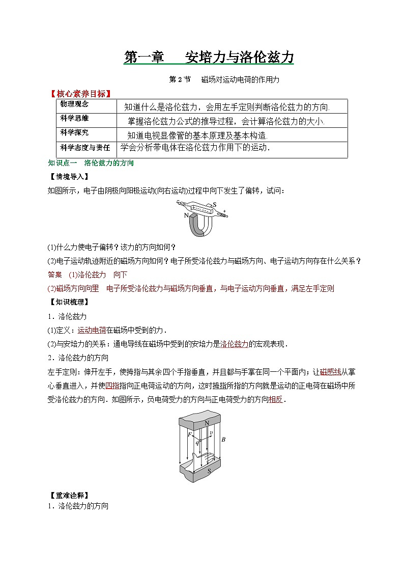 （人教版）选择性必修第二册高二物理同步讲义1.2磁场对运动电荷的作用力（解析版）第1页
