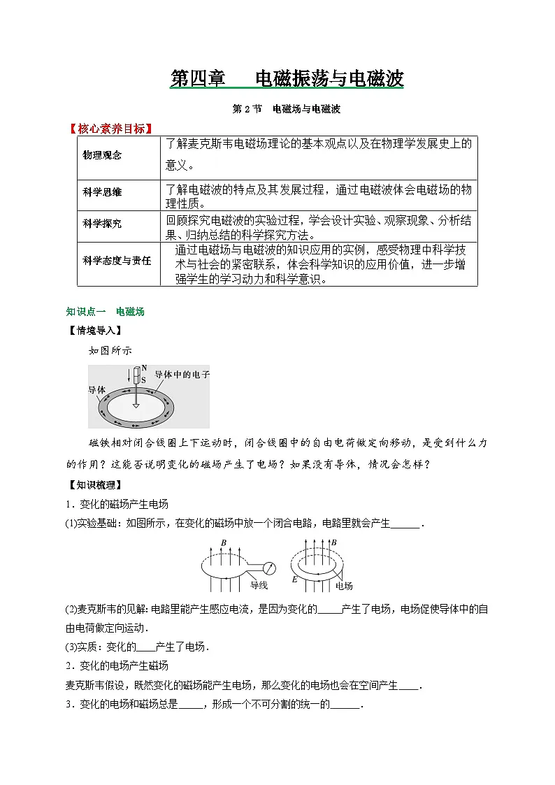 （人教版）选择性必修第二册高二物理同步讲义4.2电磁场与电磁波（原卷版）第1页