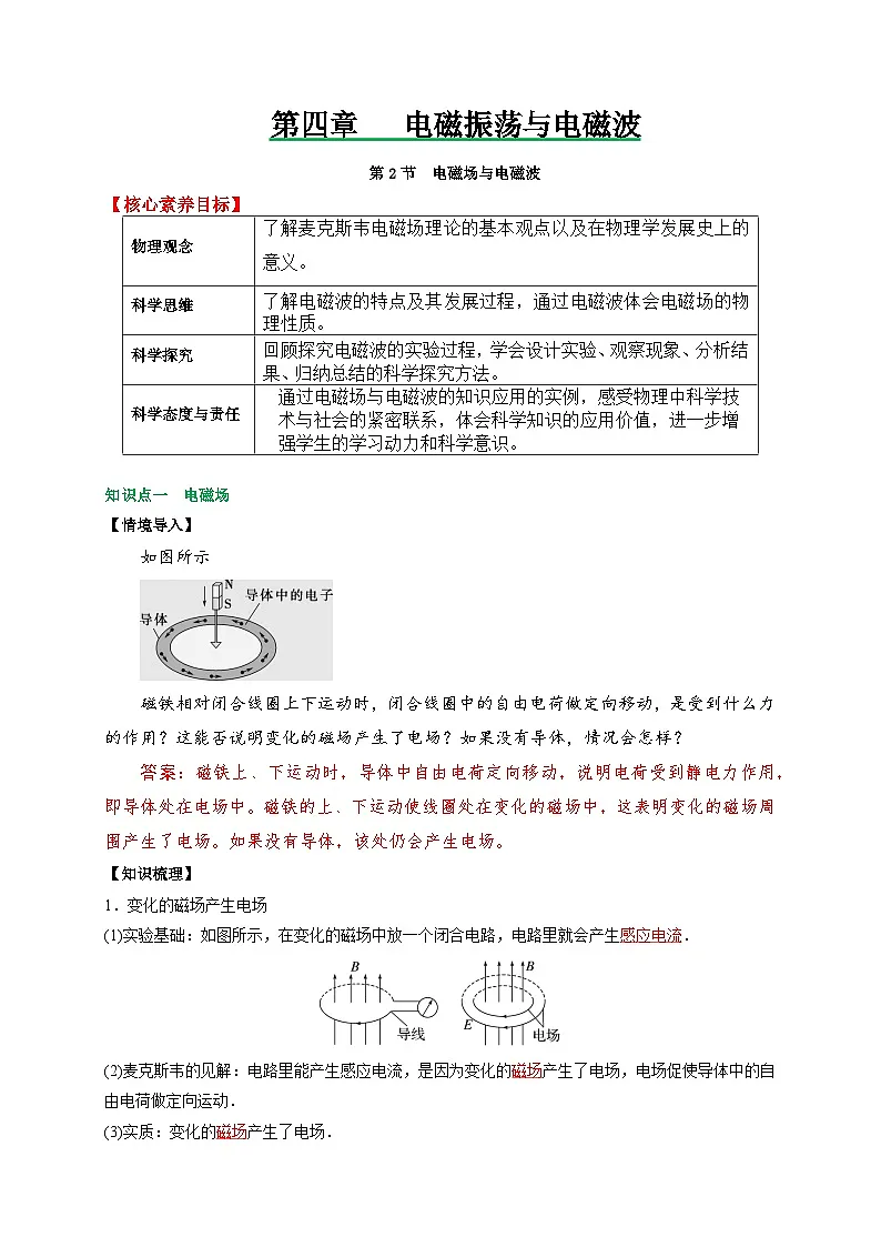 （人教版）选择性必修第二册高二物理同步讲义4.2电磁场与电磁波（解析版）第1页