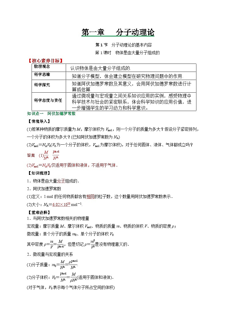 （人教版）选择性必修第三册高二物理同步讲义1.1分子动理论的基本内容（第1课时）（解析版）第1页