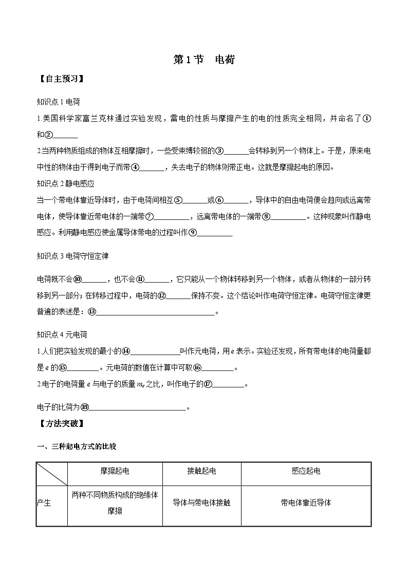 （人教版）必修第三册高二物理同步导学案9.1 电荷（原卷版）第1页