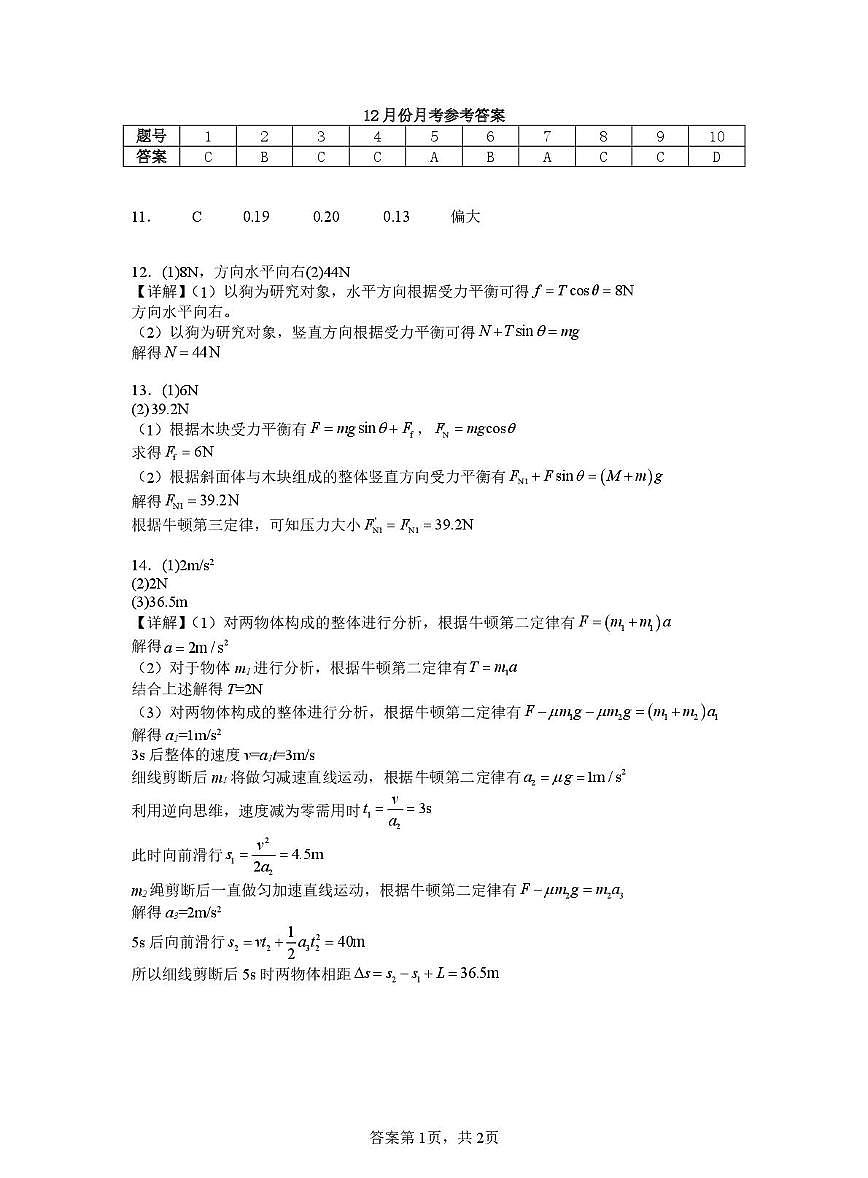 江苏苏州中学2025-2026学年高一上学期12月月考物理答案第1页