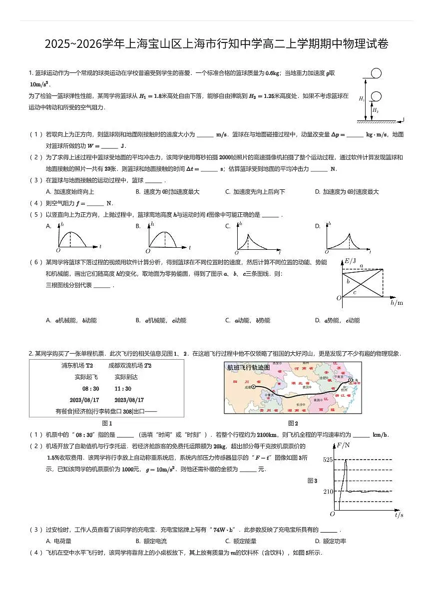 2025~2026学年上海宝山区上海市行知中学高二上学期期中物理试卷（有答案解析）第1页