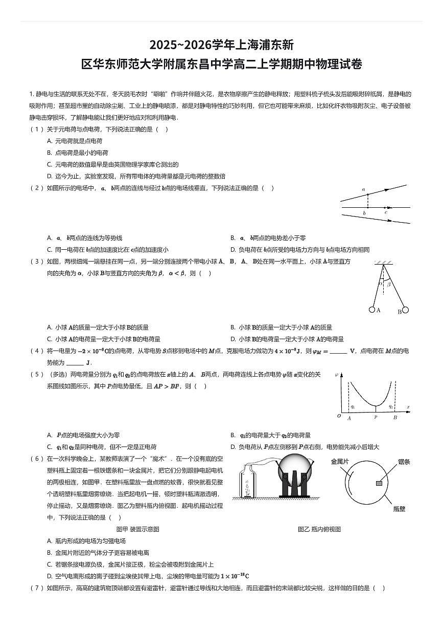 2025~2026学年上海浦东新区华东师范大学附属东昌中学高二上学期期中物理试卷（有答案解析）第1页